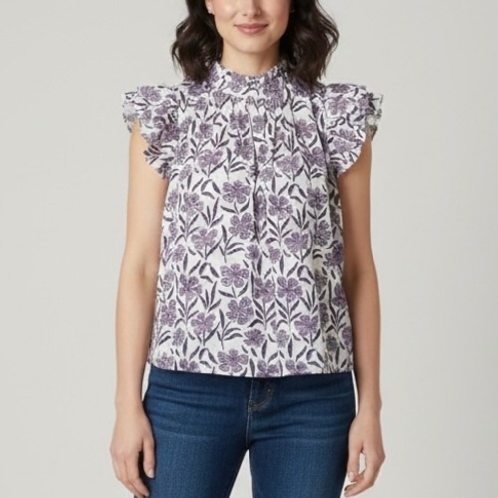 Victoria Dunn Purple Floral Mock Neck Ruffle Sleeve Blouse Top Size Medium